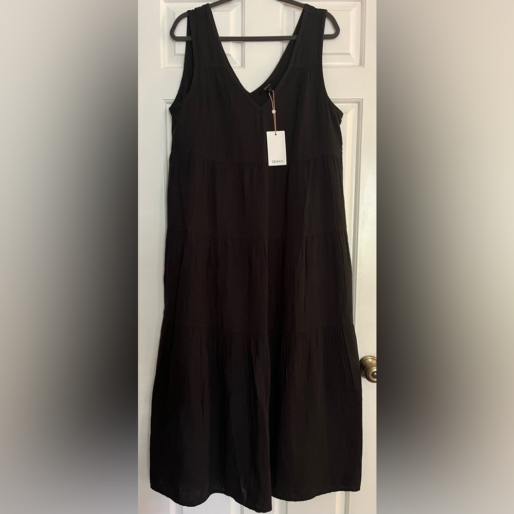 Quince 100% Organic Cotton Gauze Tiered Maxi Dress / Black / L